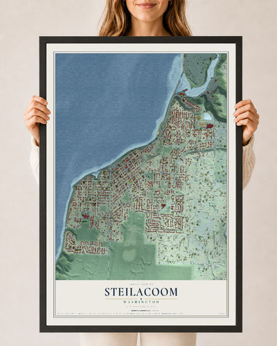 Map of Steilacoom, Washington, 24 x 36 inch print in a black wood frame