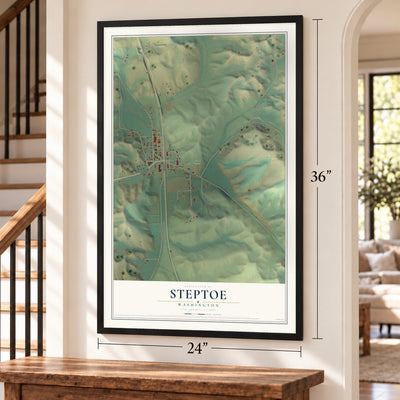 Steptoe, Washington map, 24 x 36 inch print in a black frame by a staircase