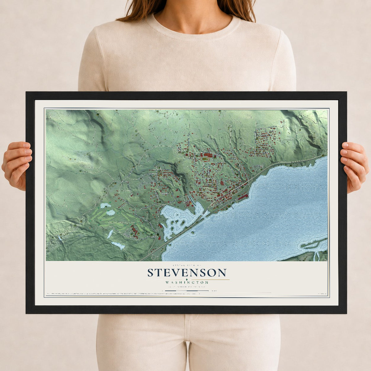 Map of Stevenson, Washington, 12 x 18 inch print in a black wood frame