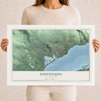 Map of Stevenson, Washington, 12 x 18 inch print in a white wood frame