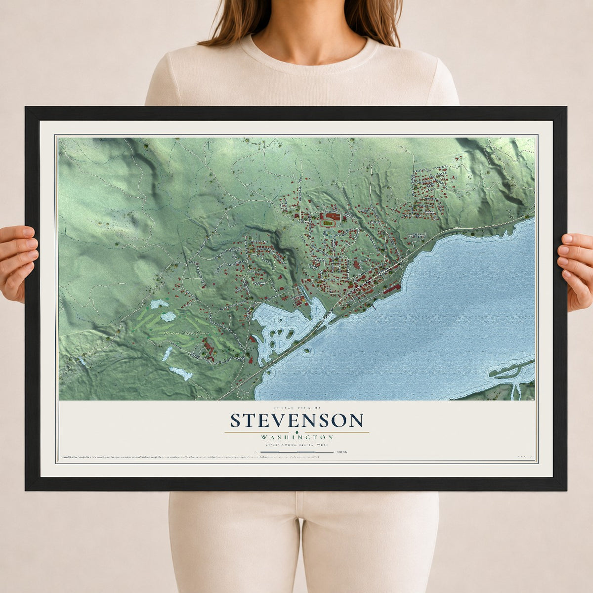 Map of Stevenson, Washington, 18 x 24 inch print in a black wood frame