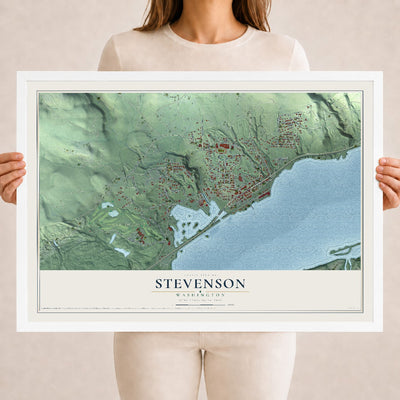 Map of Stevenson, Washington, 18 x 24 inch print in a white wood frame