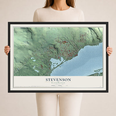 Map of Stevenson, Washington, 24 x 36 inch print in a black wood frame