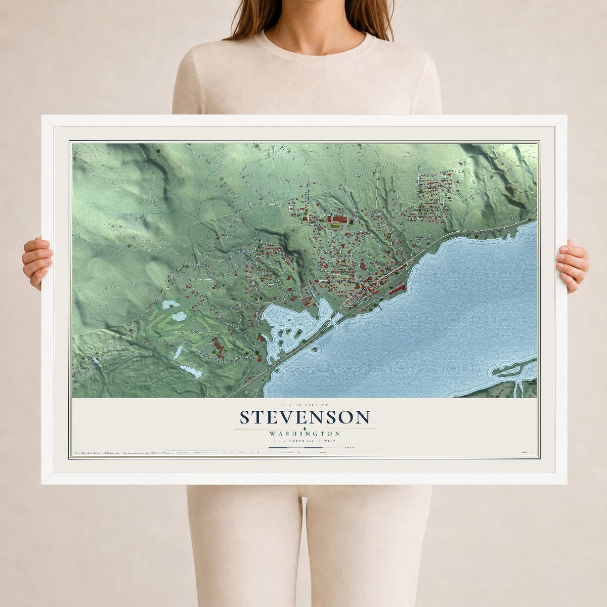 Map of Stevenson, Washington, 24 x 36 inch print in a white wood frame