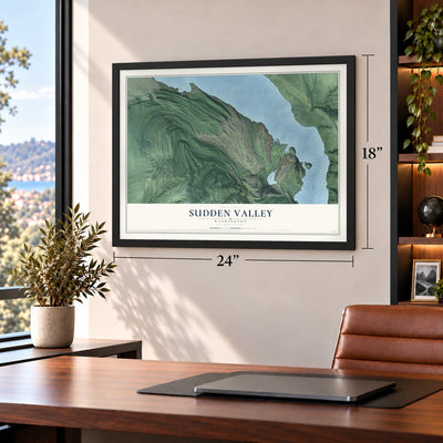 Sudden Valley, Washington map, 18 x 24 inch print in a black frame in a home office