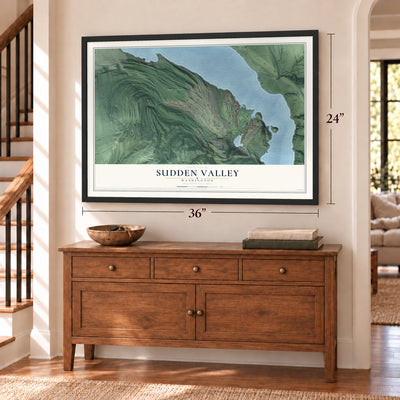 Sudden Valley, Washington map, 24 x 36 inch print in a black frame above a dresser by a staircase
