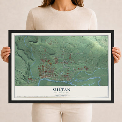 Map of Sultan, Washington, 12 x 18 inch print in a black wood frame