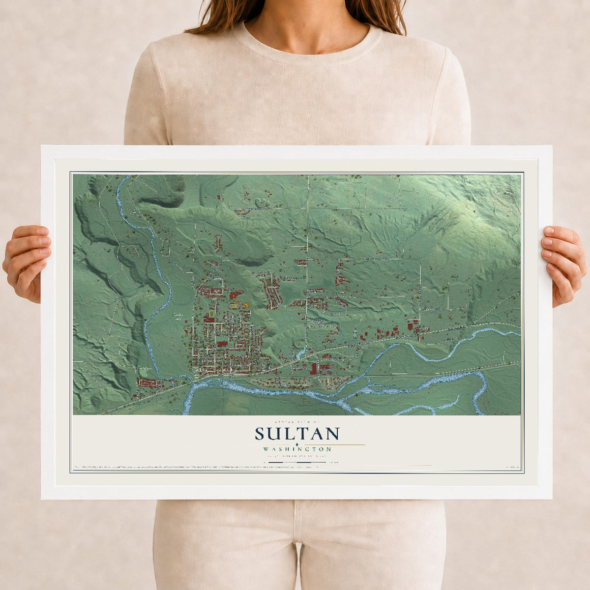 Map of Sultan, Washington, 12 x 18 inch print in a white wood frame