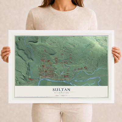 Map of Sultan, Washington, 12 x 18 inch print in a white wood frame