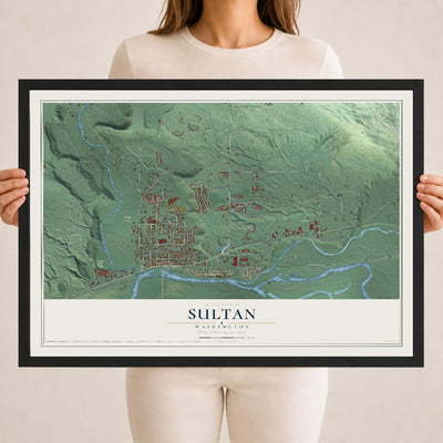 Map of Sultan, Washington, 18 x 24 inch print in a black wood frame