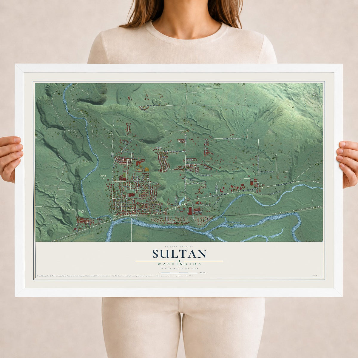 Map of Sultan, Washington, 18 x 24 inch print in a white wood frame