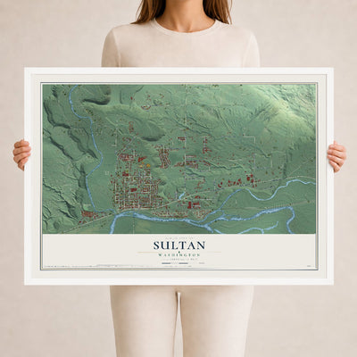 Map of Sultan, Washington, 24 x 36 inch print in a white wood frame