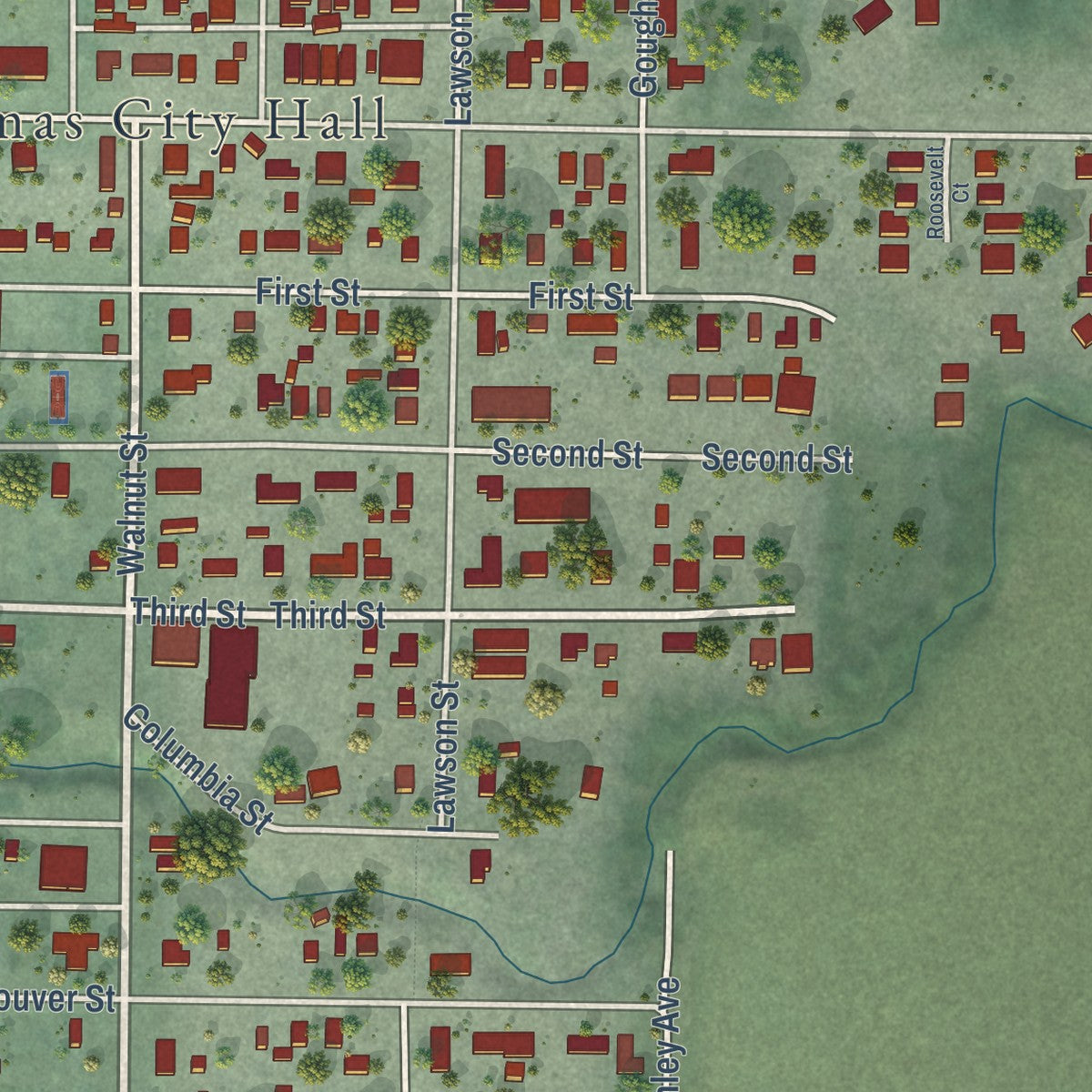 Close-up of the map of Sumas, Washington print showing street and building detail