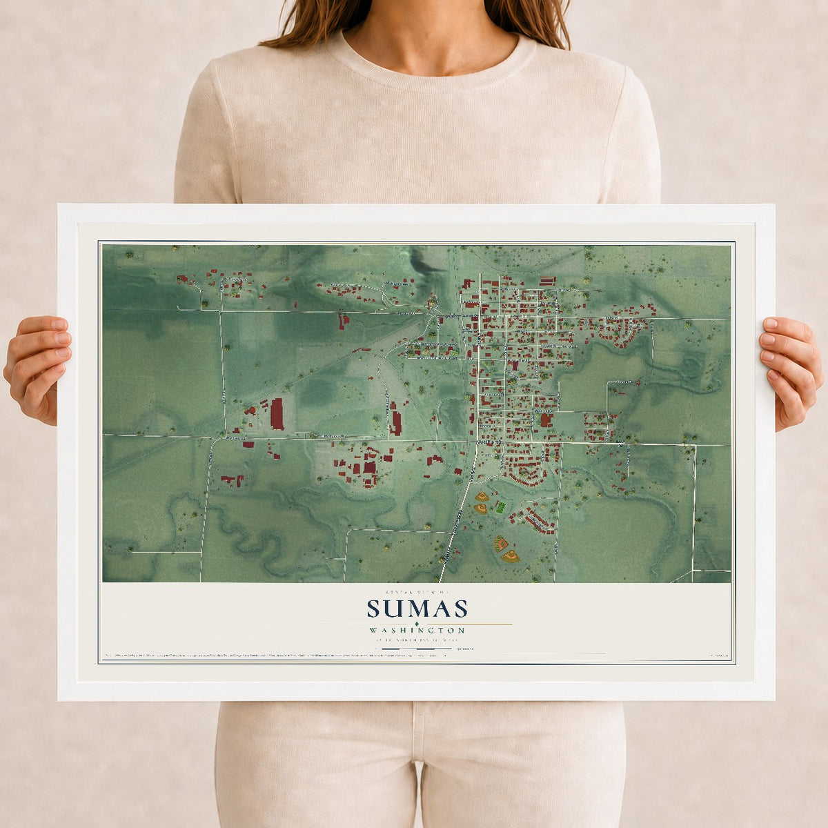 Map of Sumas, Washington, 12 x 18 inch print in a white wood frame