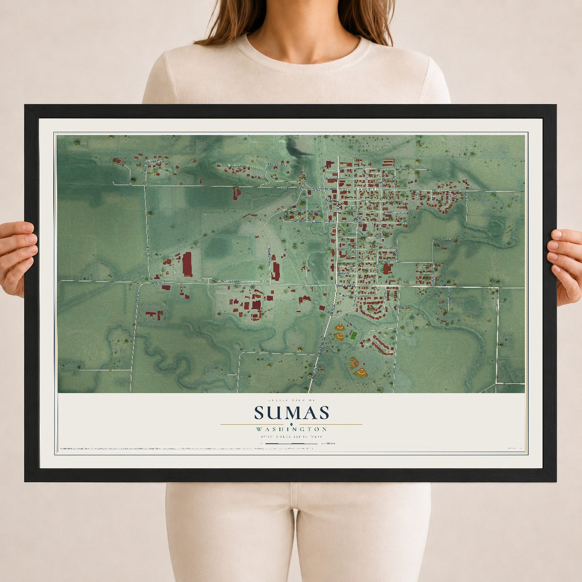 Map of Sumas, Washington, 18 x 24 inch print in a black wood frame