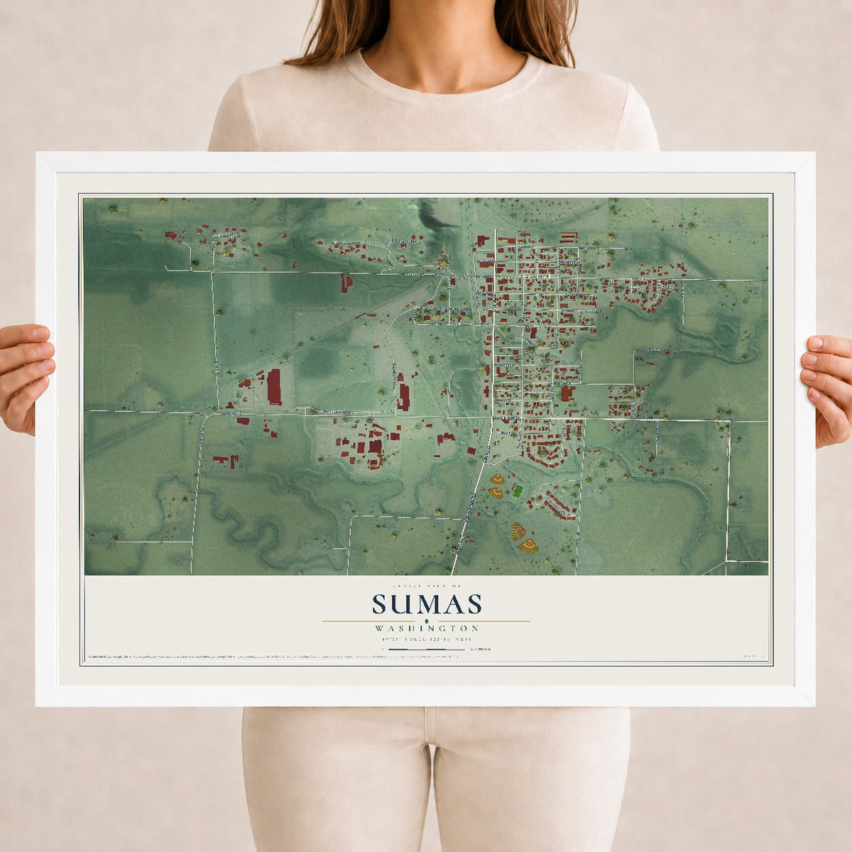 Map of Sumas, Washington, 18 x 24 inch print in a white wood frame