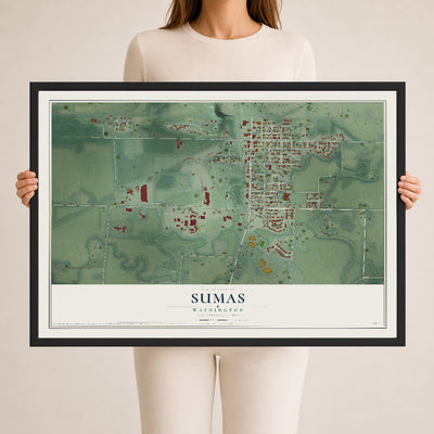 Map of Sumas, Washington, 24 x 36 inch print in a black wood frame
