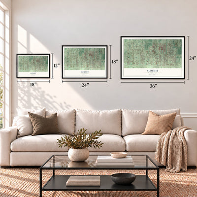 Summit, Washington map in 12 x 18, 18 x 24 and 24 x 36 inch sizes above a sofa