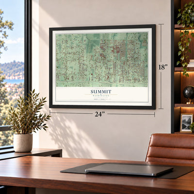 Summit, Washington map, 18 x 24 inch print in a black frame in a home office