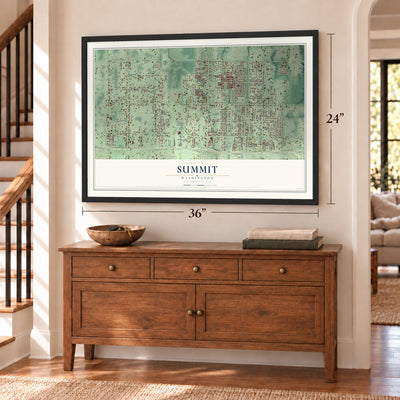 Summit, Washington map, 24 x 36 inch print in a black frame above a dresser by a staircase
