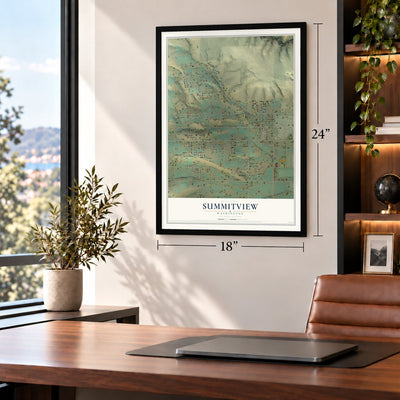 Summitview, Washington map, 18 x 24 inch print in a black frame in a home office