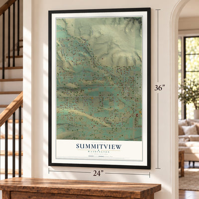Summitview, Washington map, 24 x 36 inch print in a black frame by a staircase