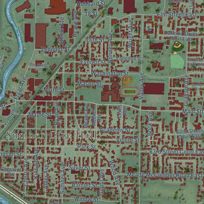 Close-up of the map of Sumner, Washington print showing street and building detail