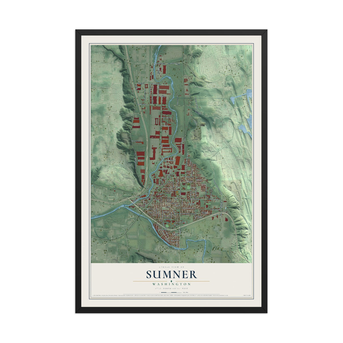 Map of Sumner, Washington, 12 x 18 inch print in a black wood frame