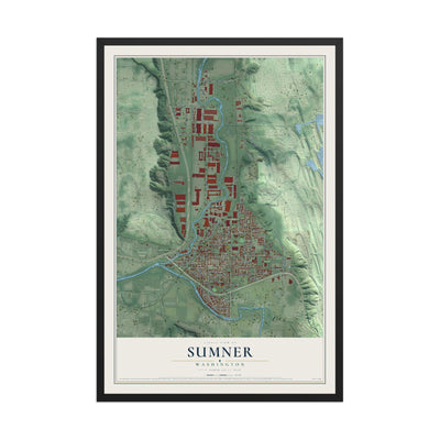 Map of Sumner, Washington, 12 x 18 inch print in a black wood frame