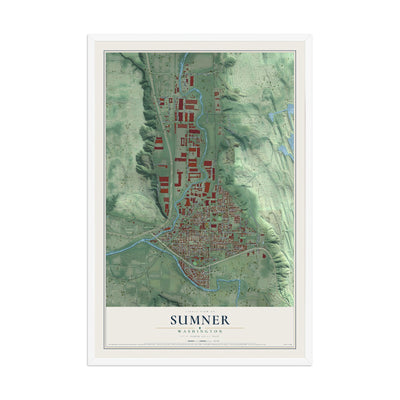 Map of Sumner, Washington, 12 x 18 inch print in a white wood frame