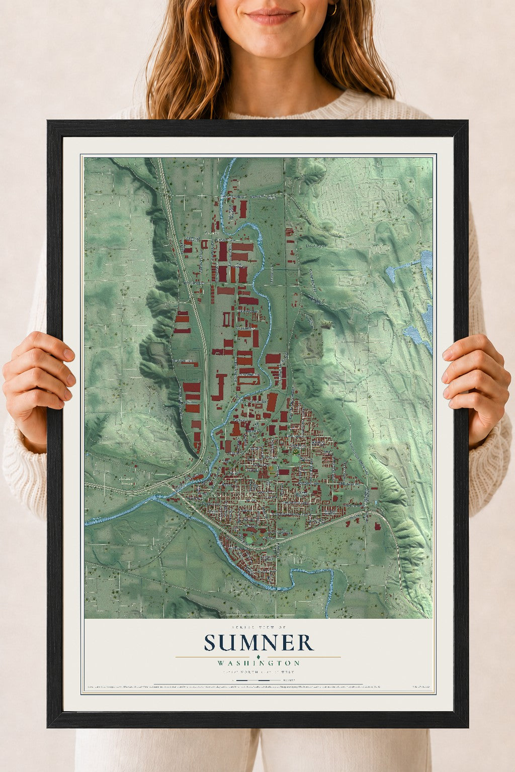 Map of Sumner, Washington, 18 x 24 inch print in a black wood frame
