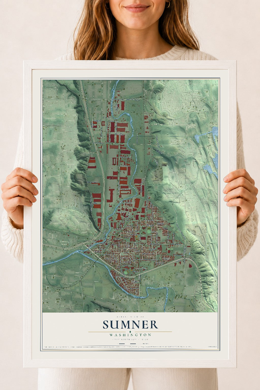Map of Sumner, Washington, 18 x 24 inch print in a white wood frame