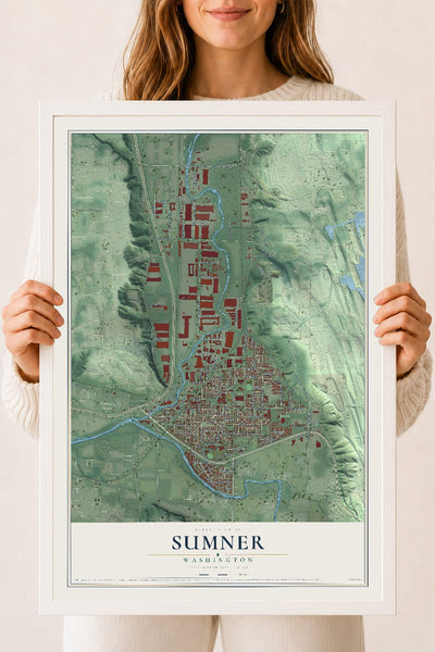 Map of Sumner, Washington, 18 x 24 inch print in a white wood frame