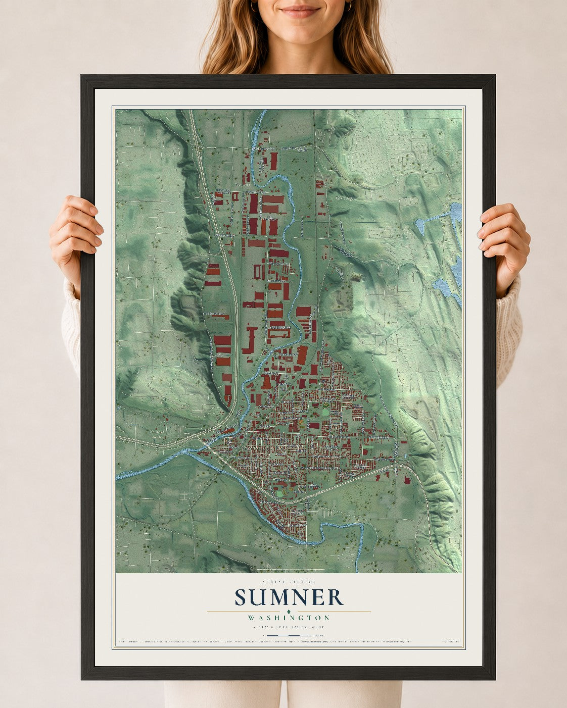 Map of Sumner, Washington, 24 x 36 inch print in a black wood frame
