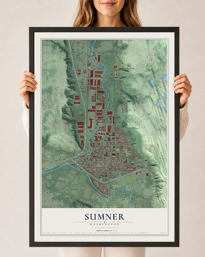 Map of Sumner, Washington, 24 x 36 inch print in a black wood frame