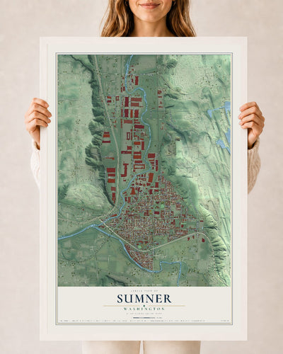 Map of Sumner, Washington, 24 x 36 inch print in a white wood frame