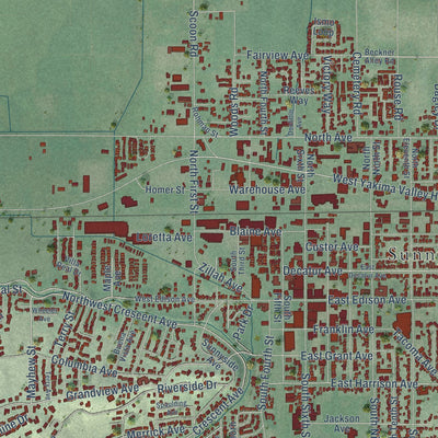 Close-up of the map of Sunnyside, Washington print showing street and building detail