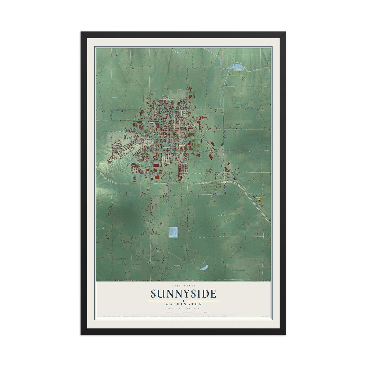 Map of Sunnyside, Washington, 12 x 18 inch print in a black wood frame