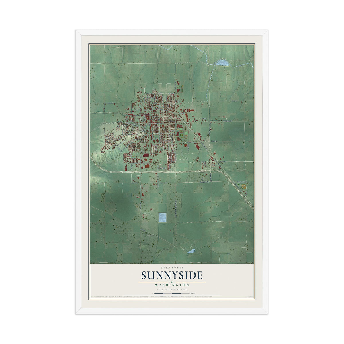 Map of Sunnyside, Washington, 12 x 18 inch print in a white wood frame
