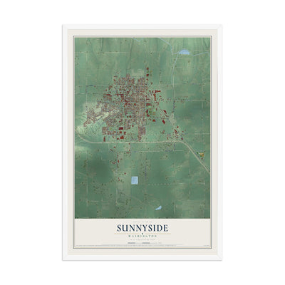 Map of Sunnyside, Washington, 12 x 18 inch print in a white wood frame