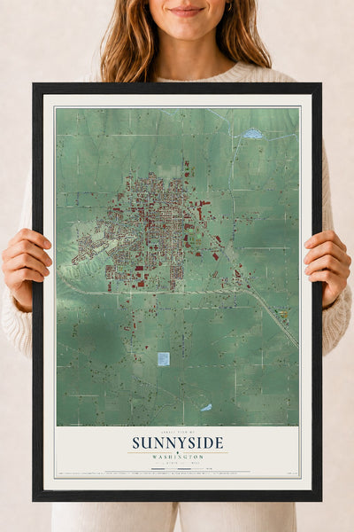 Map of Sunnyside, Washington, 18 x 24 inch print in a black wood frame