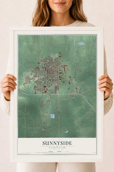 Map of Sunnyside, Washington, 18 x 24 inch print in a white wood frame