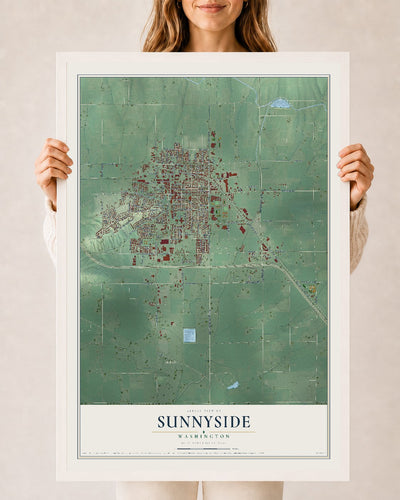 Map of Sunnyside, Washington, 24 x 36 inch print in a white wood frame