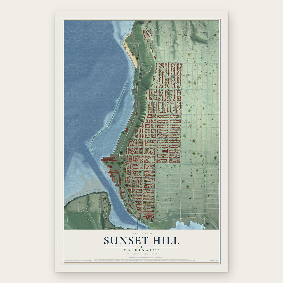 Sunset Hill, Washington map print, the full design