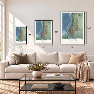 Sunset Hill, Washington map in 12 x 18, 18 x 24 and 24 x 36 inch sizes above a sofa