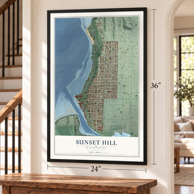 Sunset Hill, Washington map, 24 x 36 inch print in a black frame by a staircase