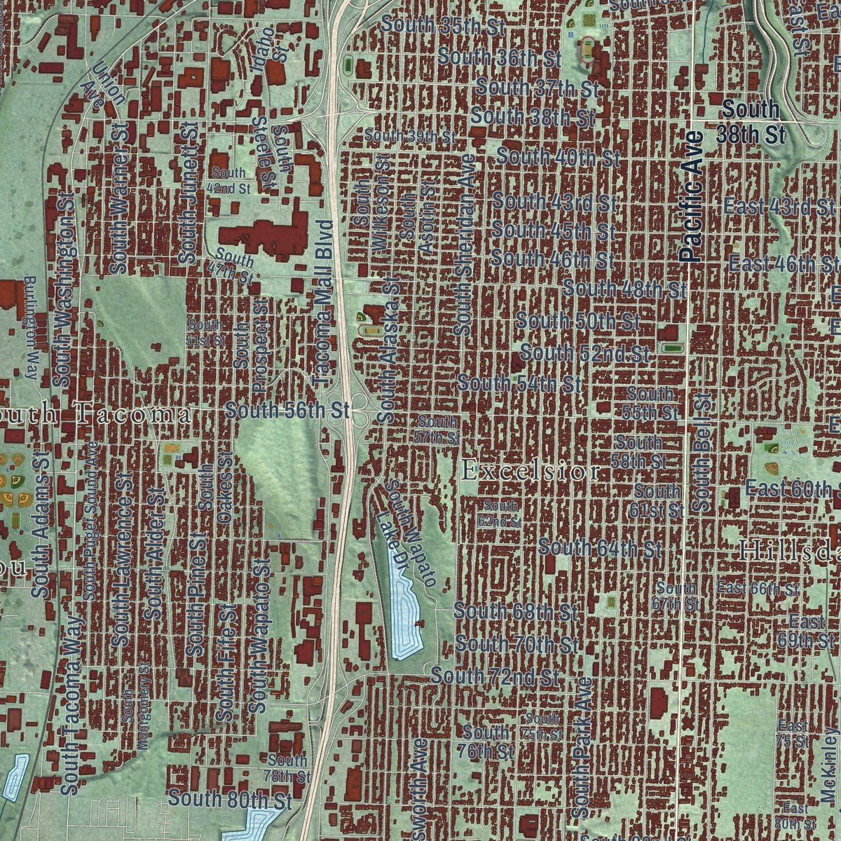Close-up of the map of Tacoma, Washington print showing street and building detail