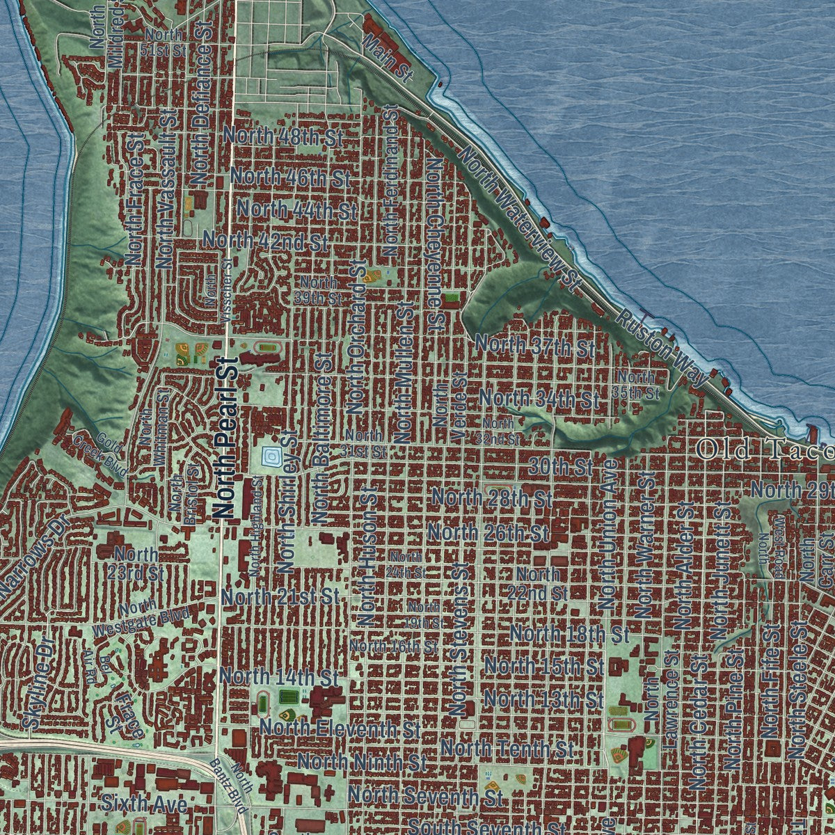 Second close-up of the map of Tacoma, Washington print showing more streets and buildings