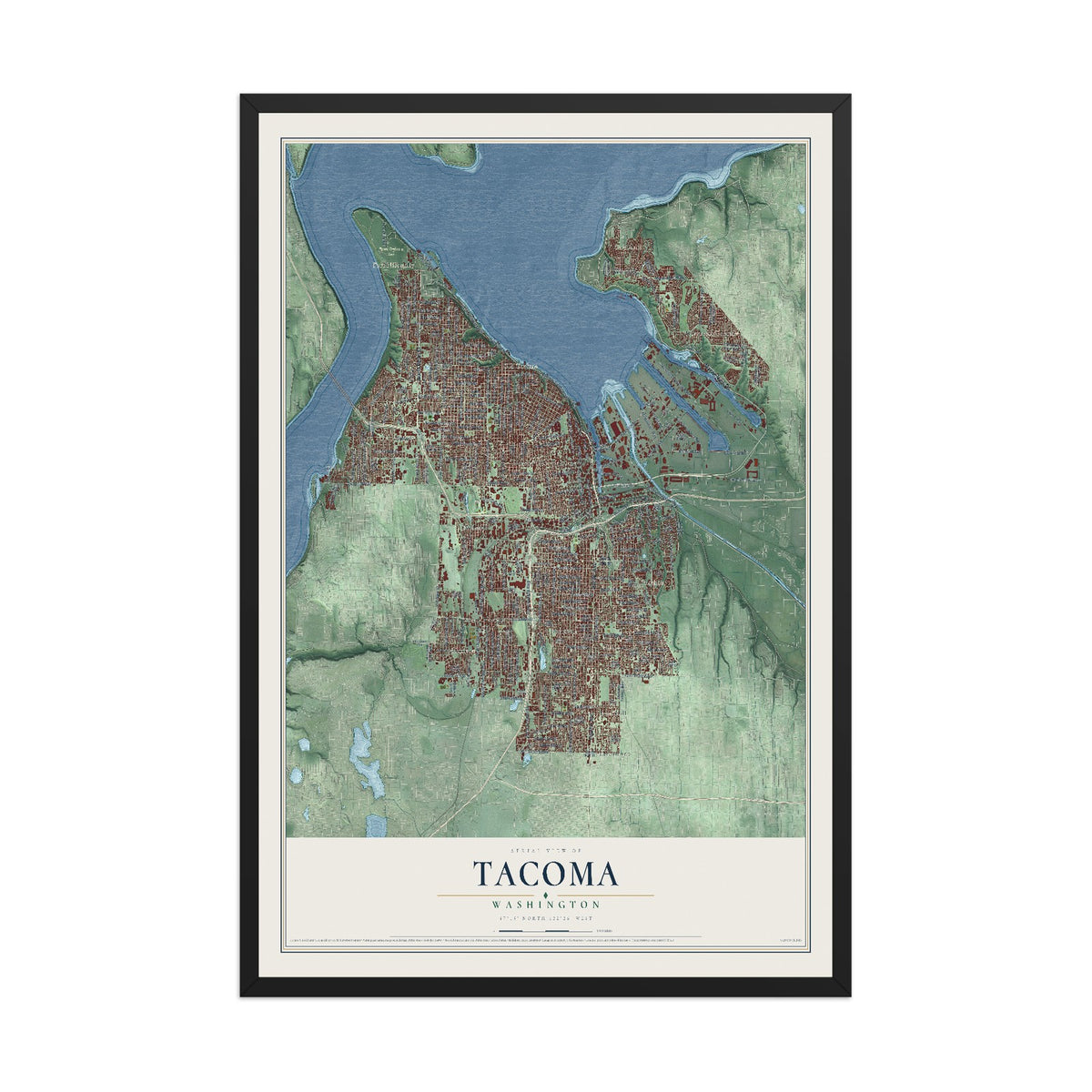 Map of Tacoma, Washington, 12 x 18 inch print in a black wood frame