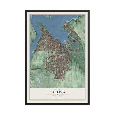 Map of Tacoma, Washington, 12 x 18 inch print in a black wood frame